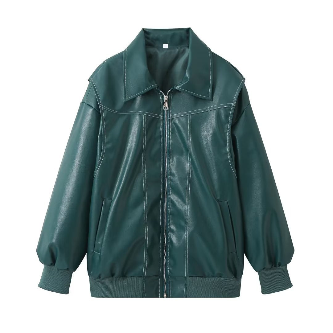 Women oversized faux leather bomber jacket with continuous zipper, oversized collar and ribbed cuffs Mune Fashion