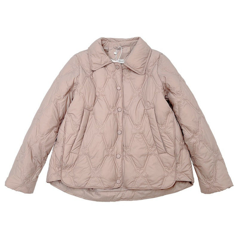 Women Short Cut Quilted Jacket with Decorative Stitching and Rounded Hem Mune Fashion