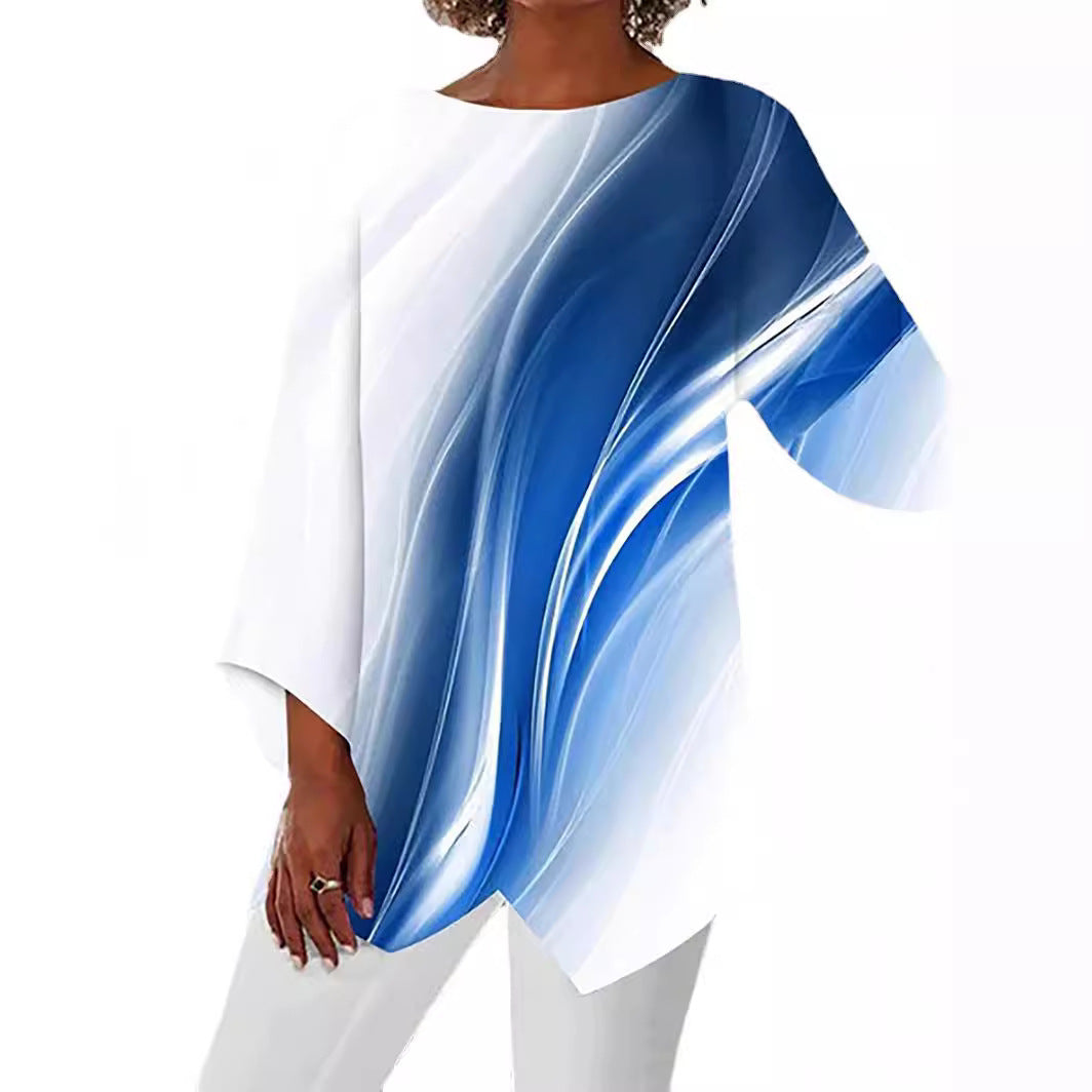 Women Asymmetrical Long Shirt with Graphic Print and Bat Sleeves Mune Fashion