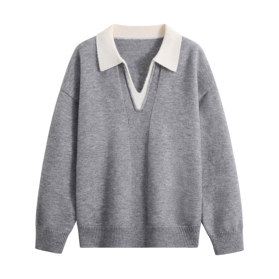Women's Oversize Polo Knit Sweater made of soft wool blend with contrast collar and deep V-neck Mune Fashion
