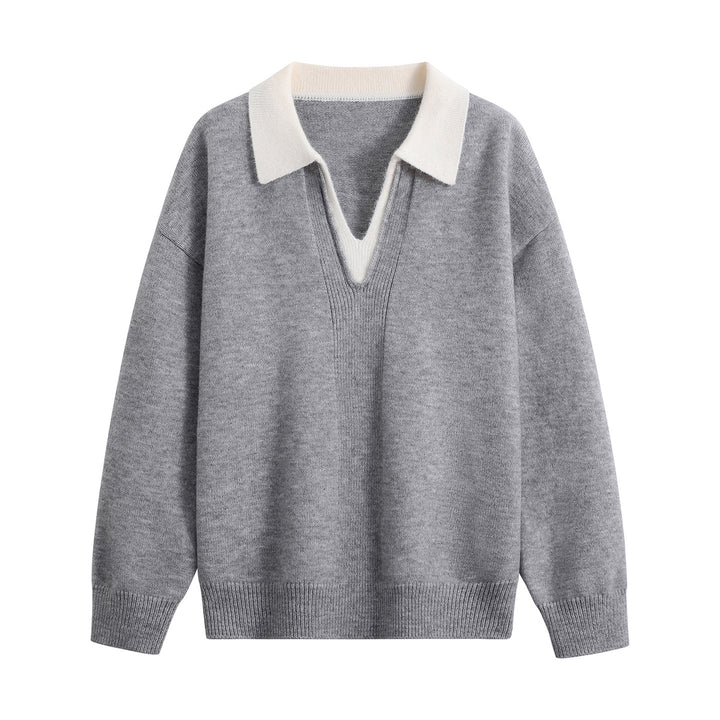 Women's Oversize Polo Knit Sweater made of soft wool blend with contrast collar and deep V-neck Mune Fashion