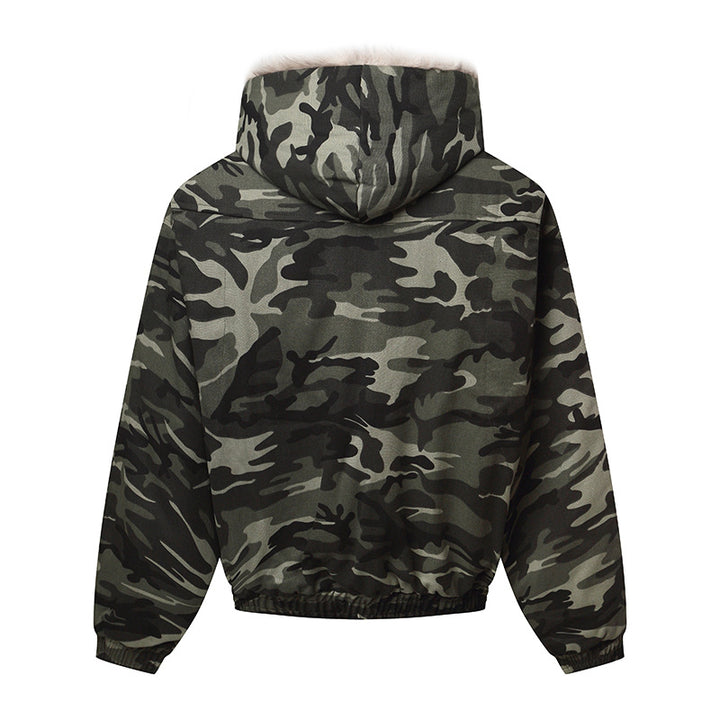 Unisex Padded Hooded Jacket in Camouflage Pattern with Teddy Lining and Elastic Hem Mune Fashion