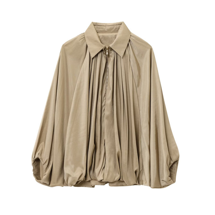 Women's wide pleated shirt blouse jacket with shirt collar, zipper and balloon-shaped hem Mune Fashion