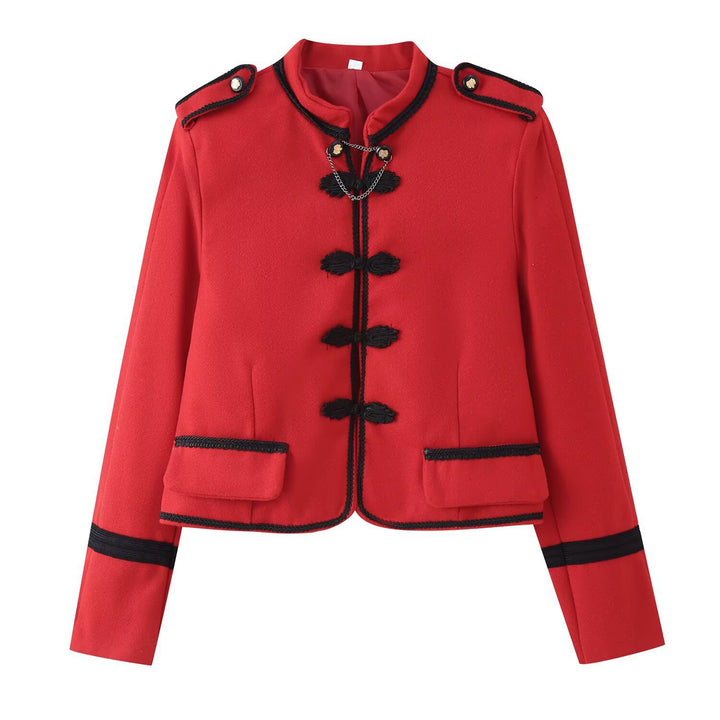 Women Short Blazer with Stand-up Collar, Decorative Knot and Epaulettes Mune Fashion