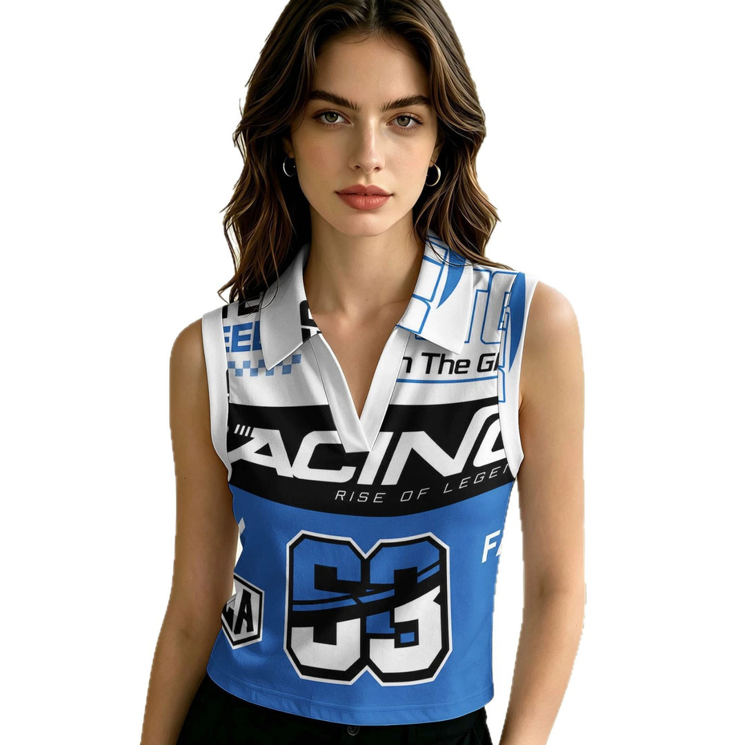 Women's sleeveless polo shirt crop top with V-neck, classic collar, and patriotic print Mune Fashion