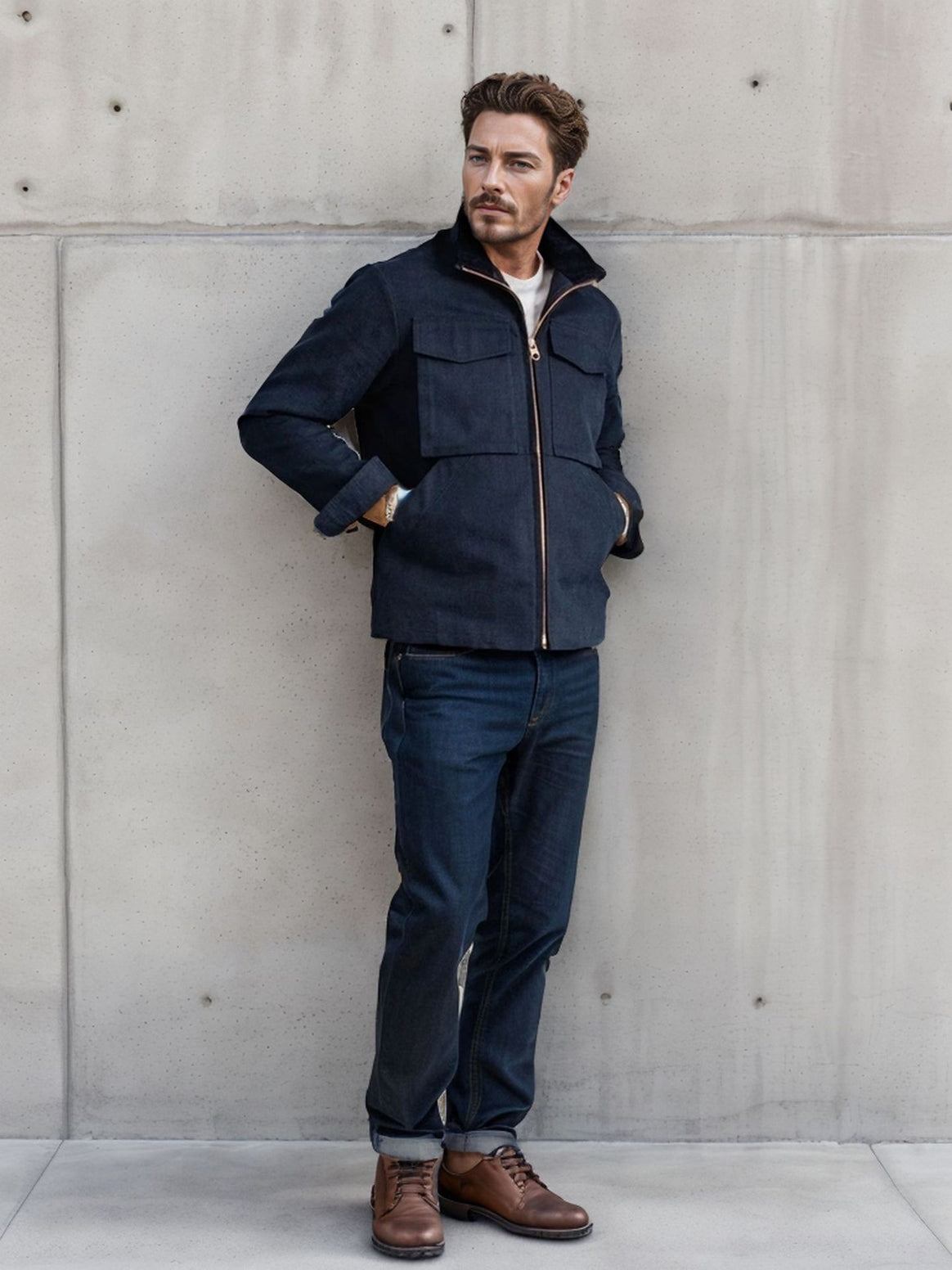Men's Short Denim Field Jacket with Stand-Up Collar, Zipper, and Applied Chest Pockets Mune Fashion