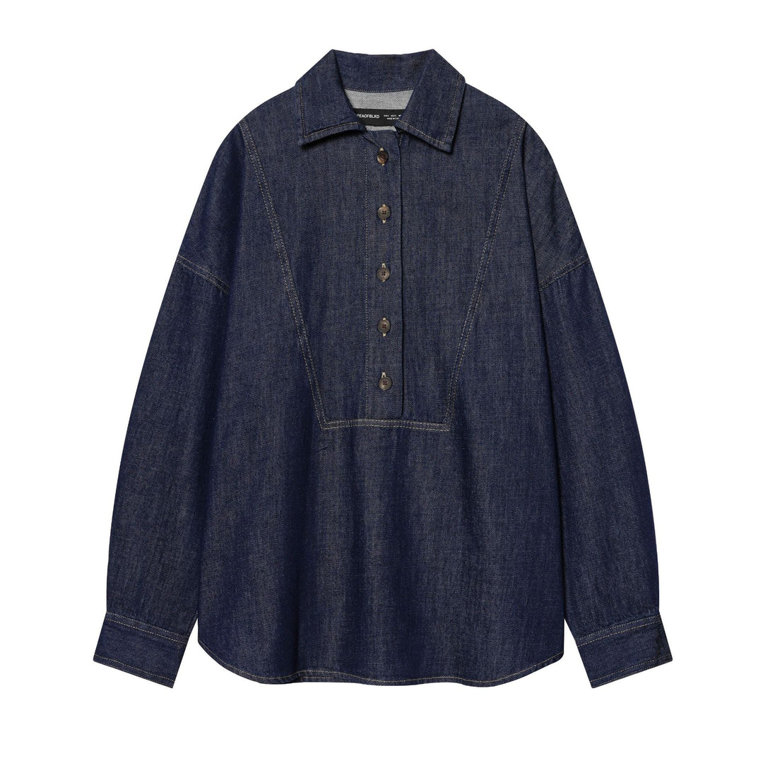 Women nan oversized denim blouse with concealed button placket, distinctive dividing seams, and boxy silhouette Mune Fashion