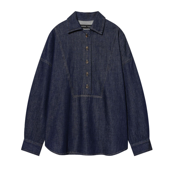 Women nan oversized denim blouse with concealed button placket, distinctive dividing seams, and boxy silhouette Mune Fashion