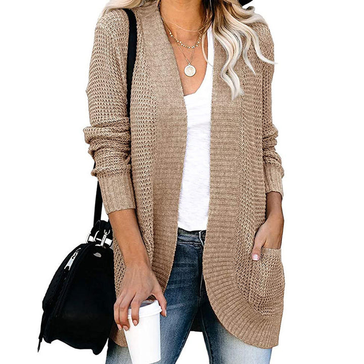 Women Long Open Knit Cardigan with Pockets, Ribbed Cuffs and Structured Waffle Look Mune Fashion