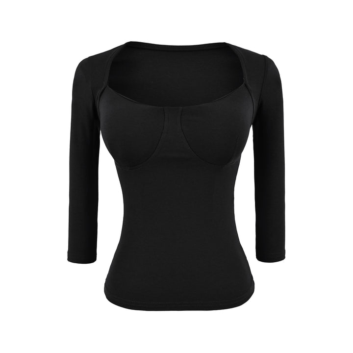 Women's Fitted Long Sleeve Top with Integrated Bustier Contour and Square Neckline Mune Fashion