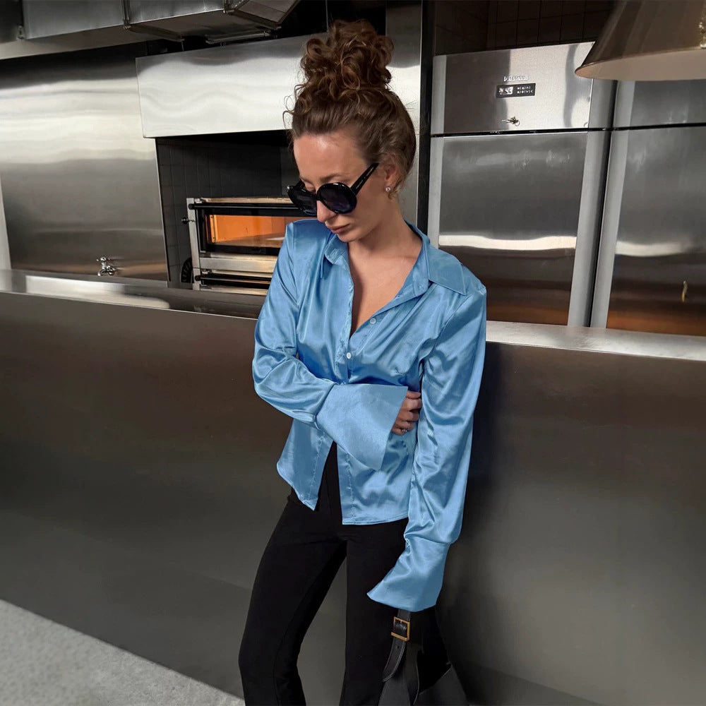 Women's Satin Shirt with Wide Collar, Extra Wide Cuffs & Relaxed Fit Mune Fashion