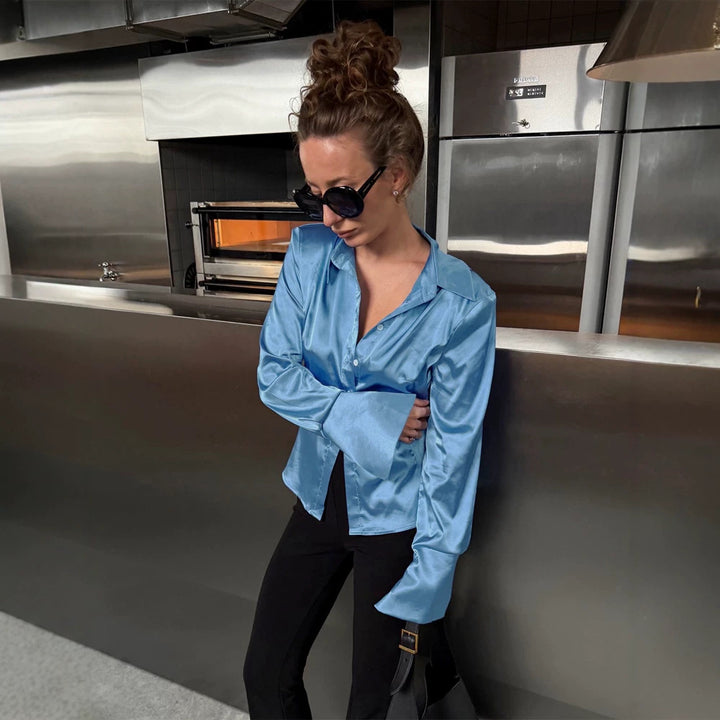 Women's Satin Shirt with Wide Collar, Extra Wide Cuffs & Relaxed Fit Mune Fashion