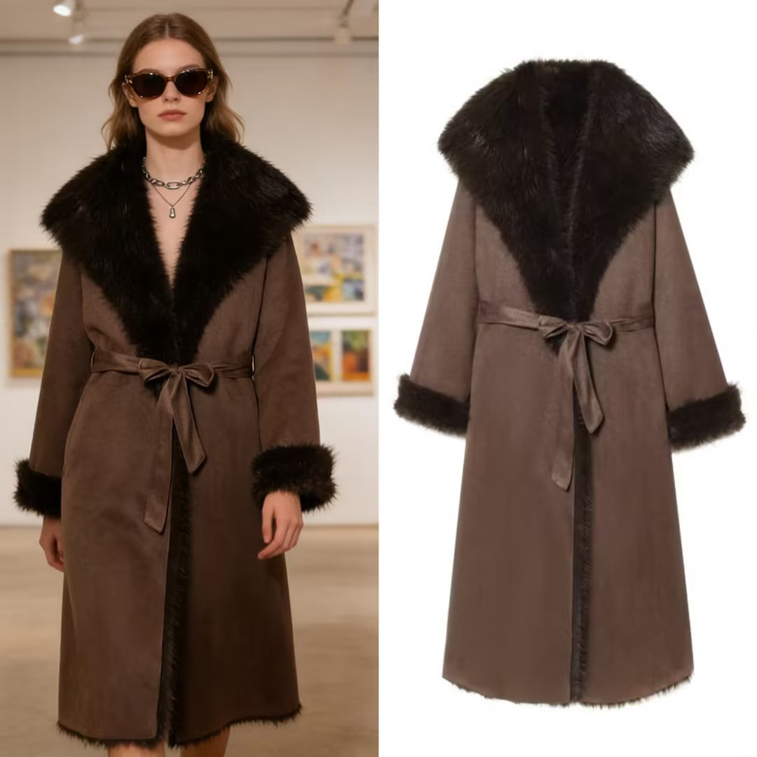 Women's Long Sheepskin Look Coat with Hood, Tie Belt and Faux Fur Trim Mune Fashion