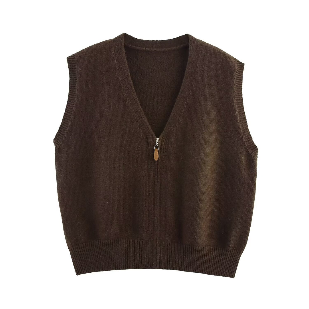 Women's knitted vest with full-length zipper and V-neck Mune Fashion