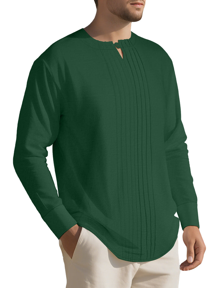 Men's Lightweight Long Sleeve Shirt in Linen Look with Stand-Up Collar, Pleats and Loop Closure Mune Fashion