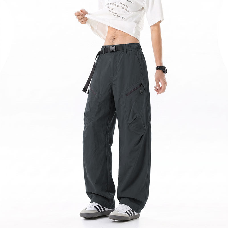 Men's Wide Ripstop Cargo Pants with Integrated Web Belt, Zipper Pockets, and Drawcord Finish Drune