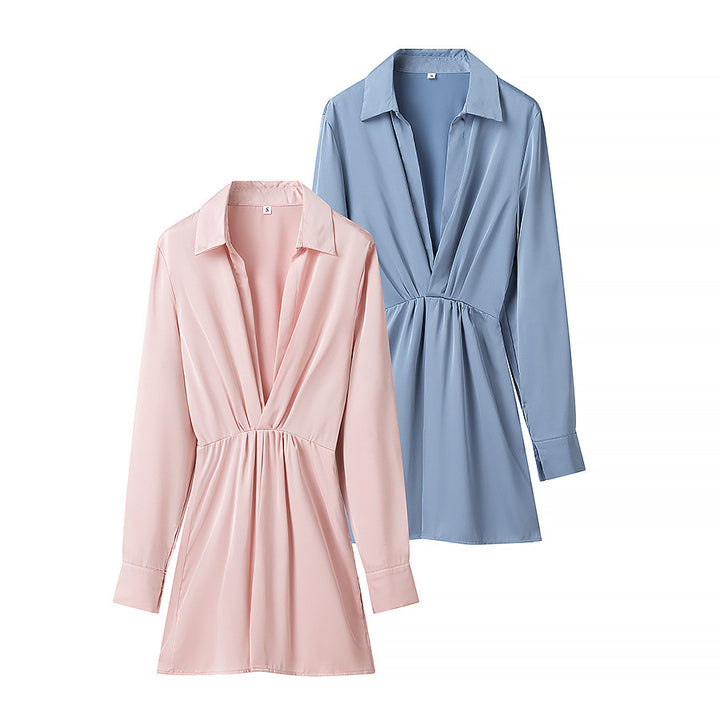 Women's fitted shirt mini dress with deep V-neck, gathered waistband and cuffed sleeves Mune Fashion