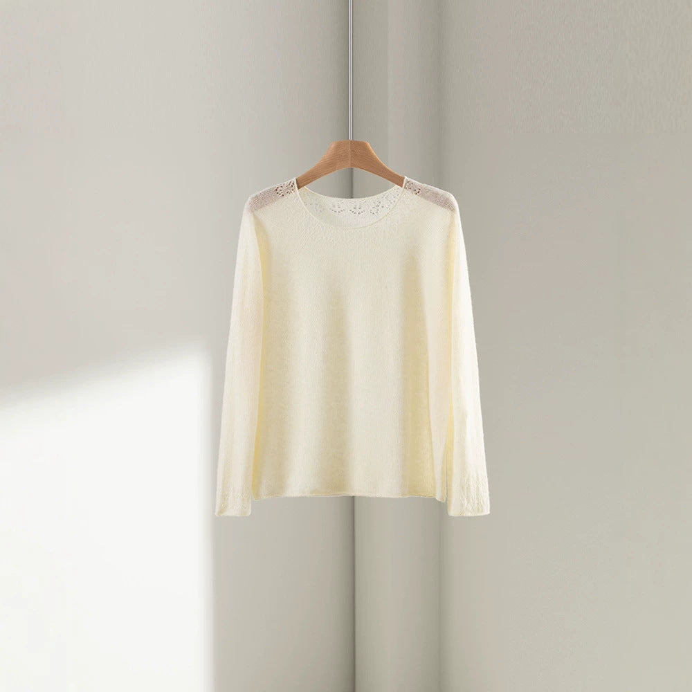 Women's Fine Round Neck Sweater with Lace Knit Detail Mune Fashion