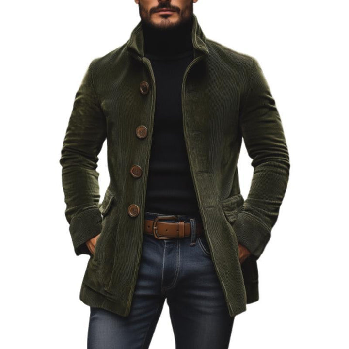 Men's tailored cord coat with stand-up collar, decorative button placket and side pockets Mune Fashion