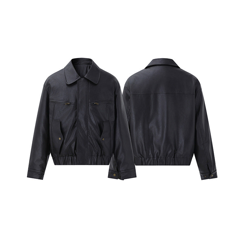 Men's Short Boxy Leather Blouson with Flap Pockets and Elastic Waistband Mune Fashion