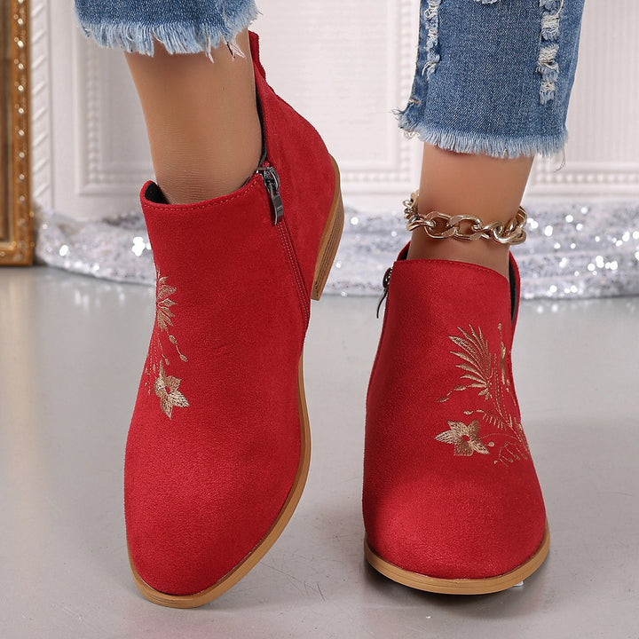 Women Embroidered Ankle Boots with V-Cut and Side Zipper Mune Fashion