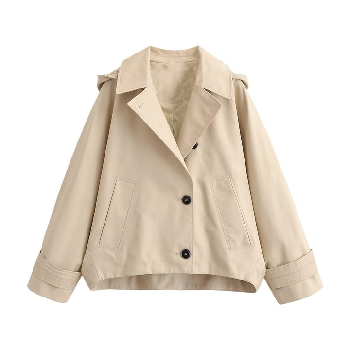 Women Short Oversized Trench Coat with Lapel Collar and Epaulettes Mune Fashion