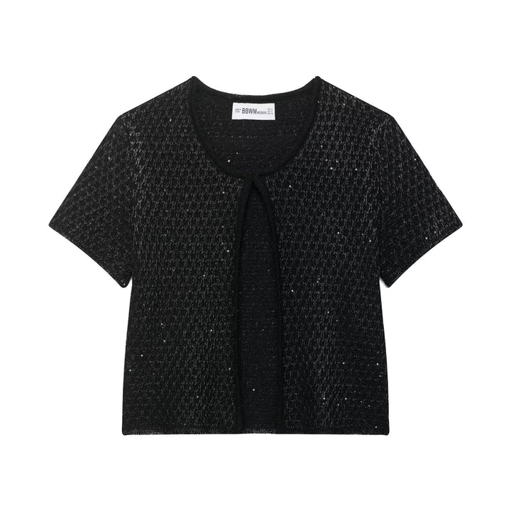 Women's Short-Sleeved Boucle Cardigan with Open Front Slit Drune