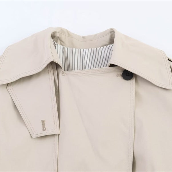 Women's short cut oversized trench coat with belt and double-breasted button placket Mune Fashion