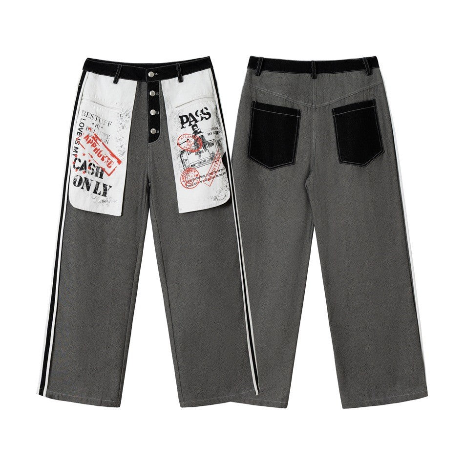 Women's Wide-Leg Cargo Jeans with Applied Graphic Patches and Contrast Stripes Mune Fashion