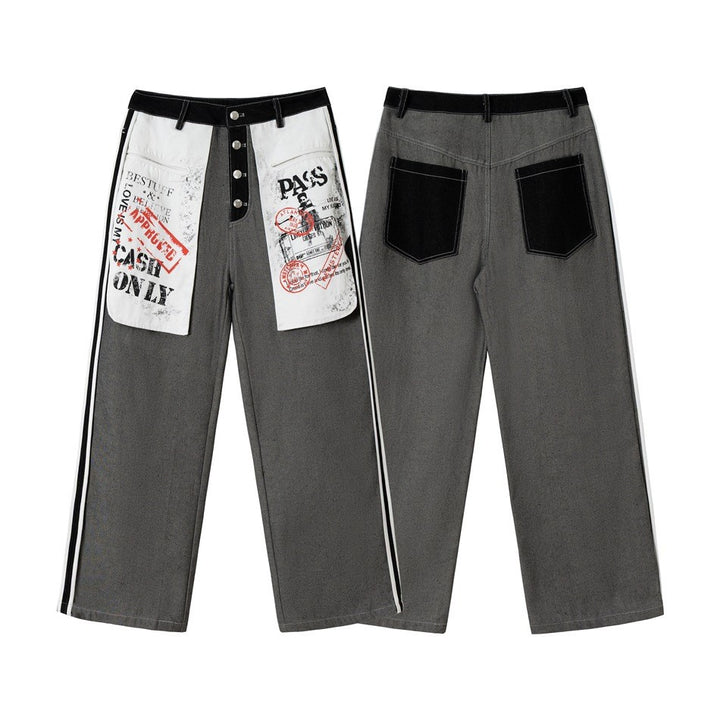 Women's Wide-Leg Cargo Jeans with Applied Graphic Patches and Contrast Stripes Mune Fashion
