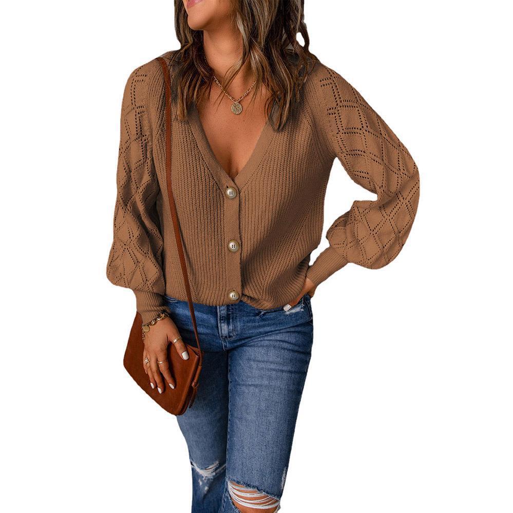 Women's knitted cardigan with V-neck, decorative button placket and balloon sleeves Mune Fashion