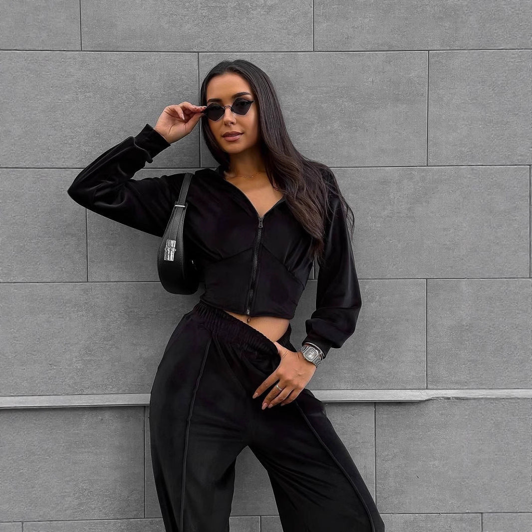 Women's short hooded cropped zip sweatshirt with tailored chest hem and wide velour lounge pants with elastic waistband Mune Fashion