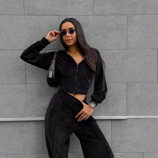 Women's short hooded cropped zip sweatshirt with tailored chest hem and wide velour lounge pants with elastic waistband Mune Fashion