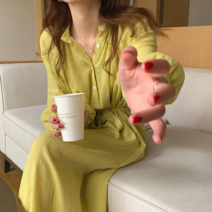 Women Loose Linen Blend Maxi Dress with Stand Collar, Tie Waist and Balloon Sleeves Mune Fashion