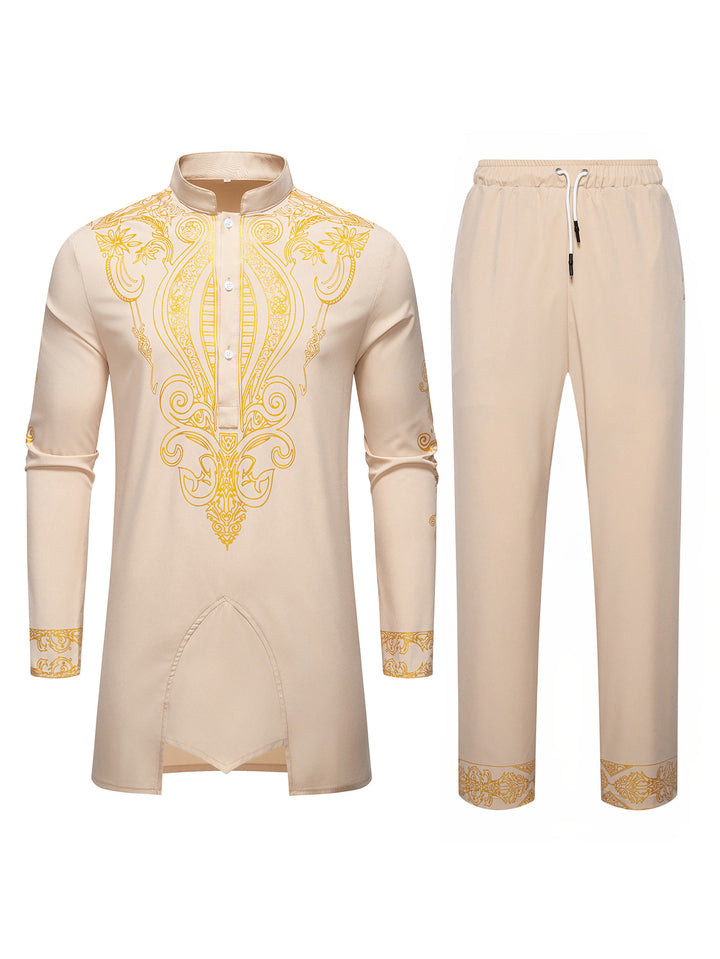 Men's Tunic Suit with Stand Collar and Ornamental Gold Application Mune Fashion