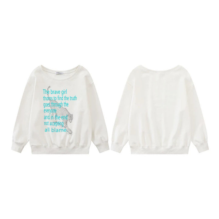 Women's oversized sweatshirt with round neck, typographic statement, and leopard illustration Mune Fashion