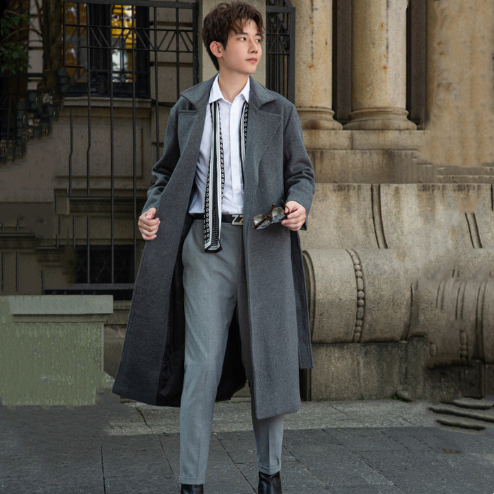 Men's Maxilength Wool Blend Overcoat with Minimalist Silhouette and Concealed Button Placket Mune Fashion