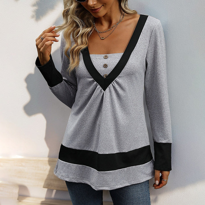 Women's long sleeve with deep V-neck, decorative button placket and contrast borders Mune Fashion