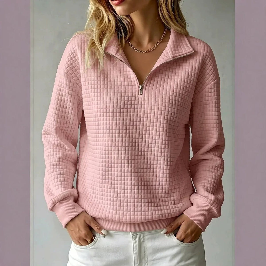 Women's Quilted Fleece Pullover with Half Zipper and Stand-Up Collar Mune Fashion