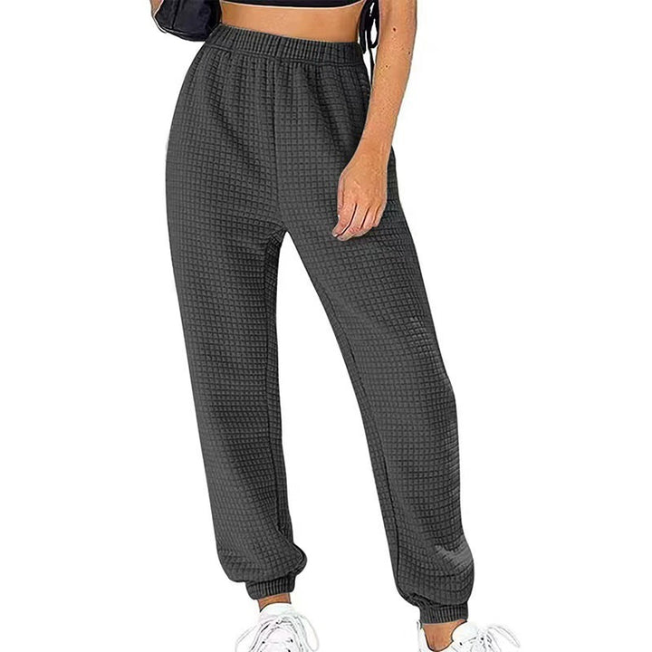Women Waffle Knit Jogging Pants with High Waist and Elastic Cuffs Mune Fashion