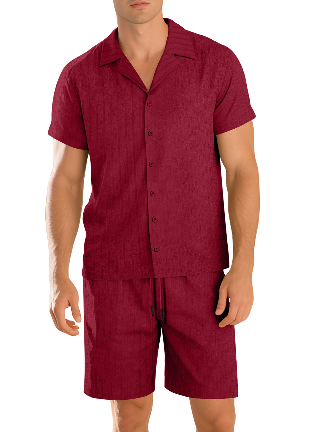 Men's ribbed knit lounge set with lapel collar short-sleeve shirt and comfort bermuda Mune Fashion