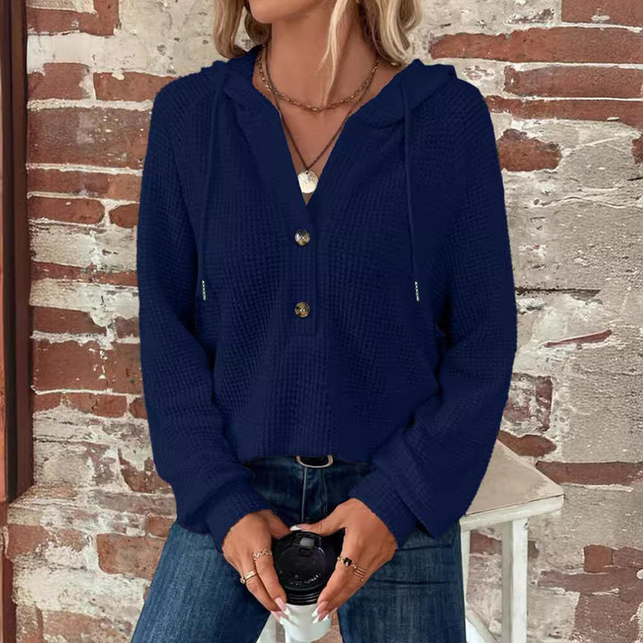 Women's Waffle Knit Hoodie with Button Placket and Ruffle Collar Mune Fashion