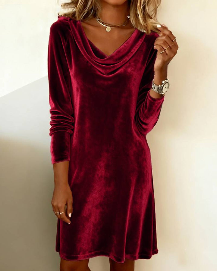 Women Velvet Dress with Waterfall Collar and Casual A-Line Mune Fashion