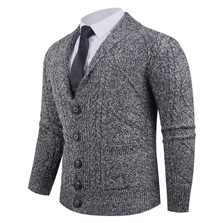 Men's knitted cardigan with shawl collar, cable pattern, patch pockets, and button placket Mune Fashion