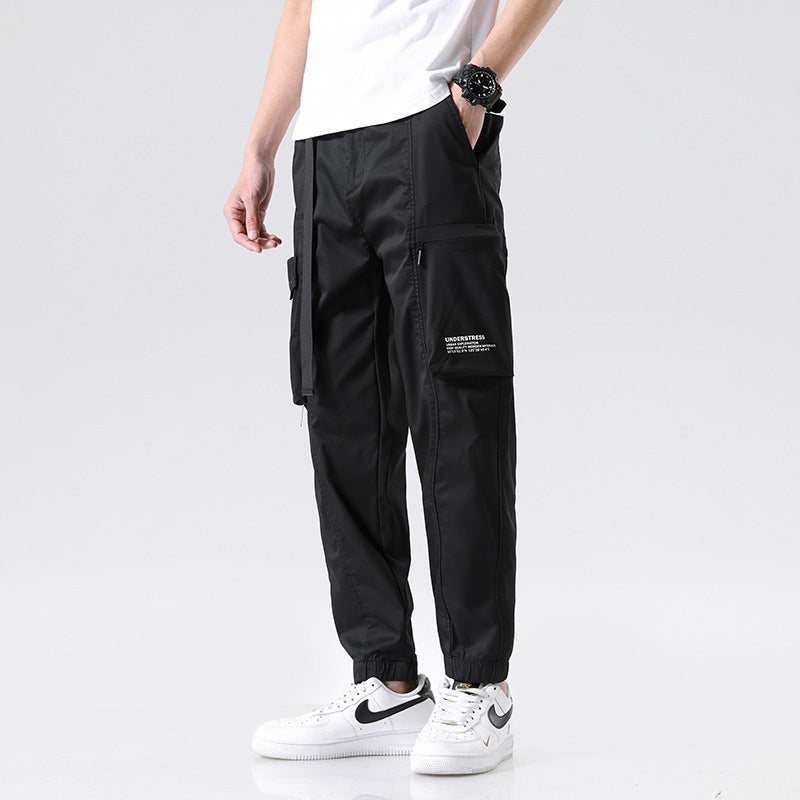 Men's Lightweight Utility Cargo Pants in Jogger Style with Integrated Belt Strap and Zipper Pockets Mune Fashion