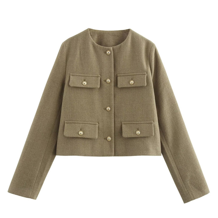 Women Short Boucle Blazer Jacket with Round Neck, Decorative Pocket Flaps, and Gold-Colored Buttons Mune Fashion