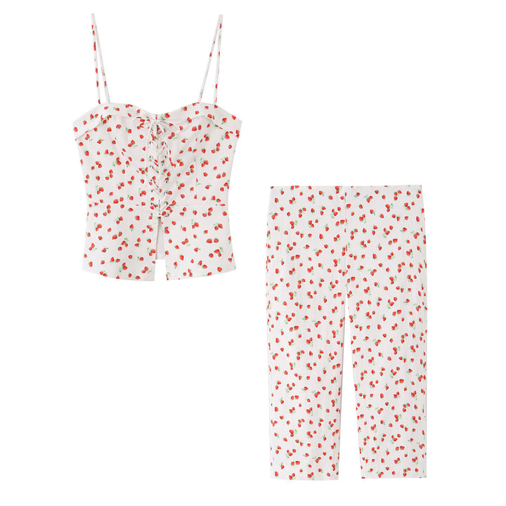 Women Highwaist Cropped Pants with Strawberry Print and Straight Leg Mune Fashion