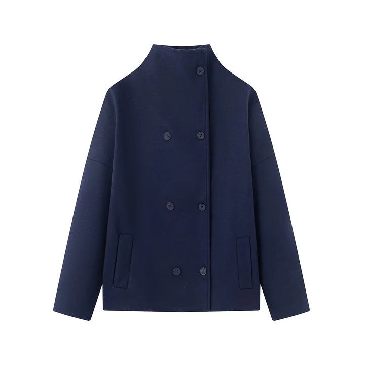 Women's Short Cut Boxy Wool Blend Coat with Stand-Up Collar and Concealed Double Button Placket Mune Fashion