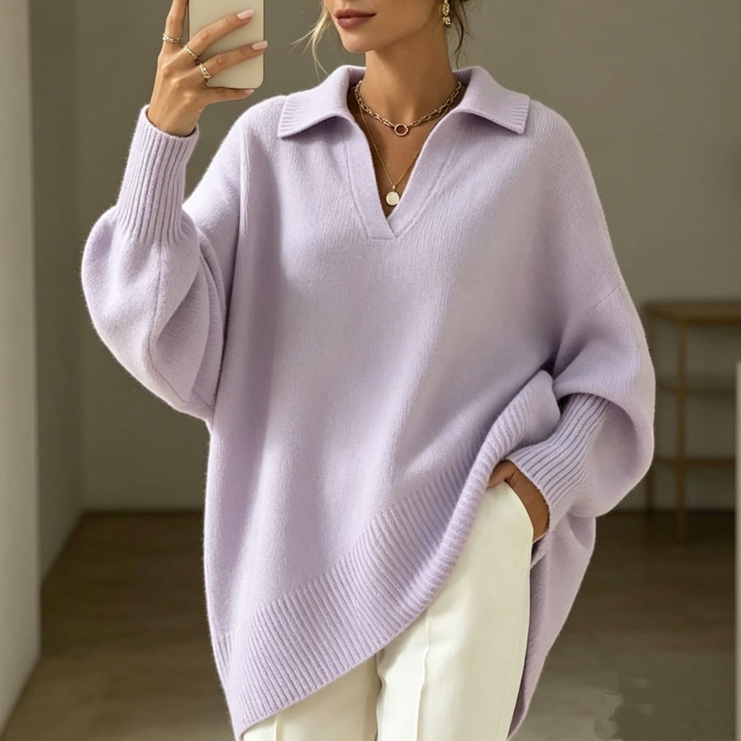 Women Oversize Polo Collar V-Neck Knitted Sweater with Balloon Sleeves Mune Fashion