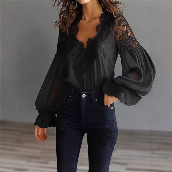 Women's Chiffon Blouse with Lace V-Neck and Wide Pleated Sleeves Mune Fashion